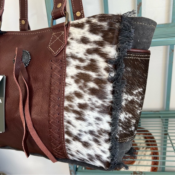 🌺New Myra Bag Canvas & Cowhide & Leather Tote satchel concho tassel western boho - Picture 10 of 15